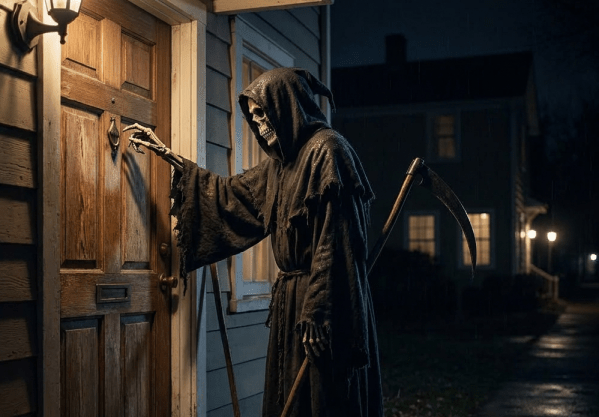 A person dressed as the Grim Reaper knocks on a front door next to a lit pumpkin.