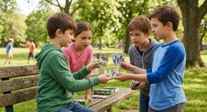 Four children exchanging football cards while standing and sitting at a wooden park bench