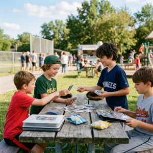 Four boys trading baseball cards and looking at card albums at an outdoor picnic table