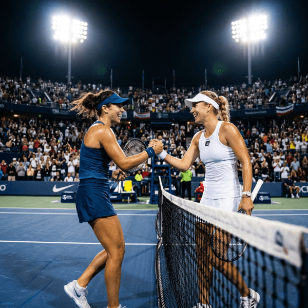 Two female tennis players shaking hands over the net on a well-lit court.