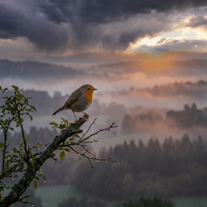 Small bird with orange chest perched on leafy branch with sunrise and misty hills in background
