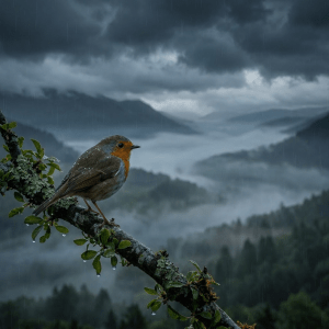 Small bird with orange breast perched on branch with misty mountains and sunrise in background