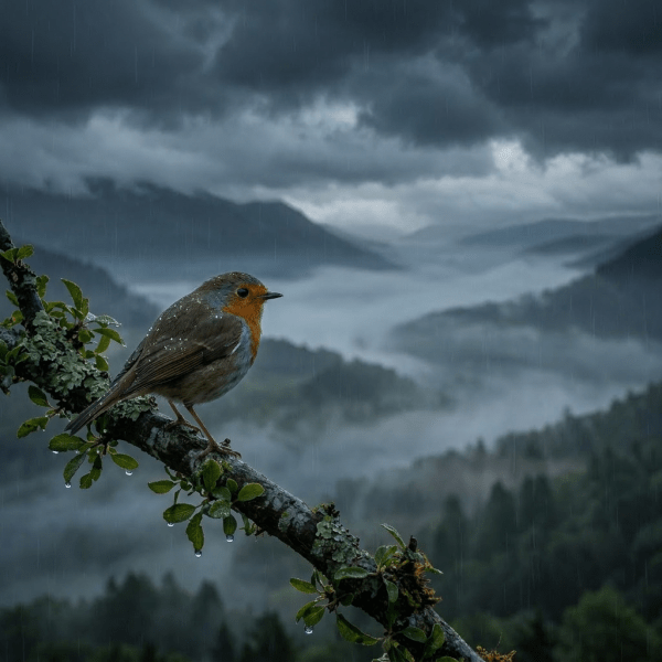 Small bird with orange breast perched on branch with misty mountains and sunrise in background