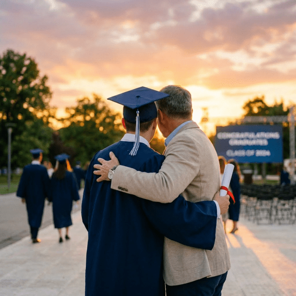 Graduate in cap and gown hugging a man holding diploma