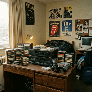 Dorm room desk with cassette tapes, stereo system, headphones, and bed with plaid blanket