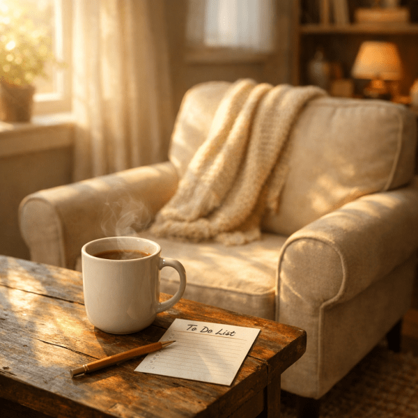 Steaming coffee cup, pencil, and blank to-do list on a wooden table beside a beige armchair with a knitted blanket.