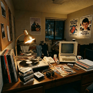 Dorm room desk with vintage turntable, cassette tapes, old computer, and magazines