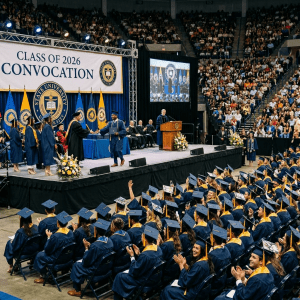 Graduates in blue caps and gowns on stage and seated at a university convocation