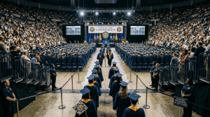 Graduates in blue caps and gowns walking down an aisle toward a convocation stage with audience seating on both sides