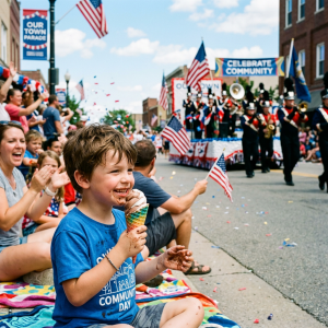 Smiling boy with ice cream at community parade with marching band and flags