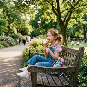 Young girl in colorful clothes sitting on bench eating ice cream cone in sunny park