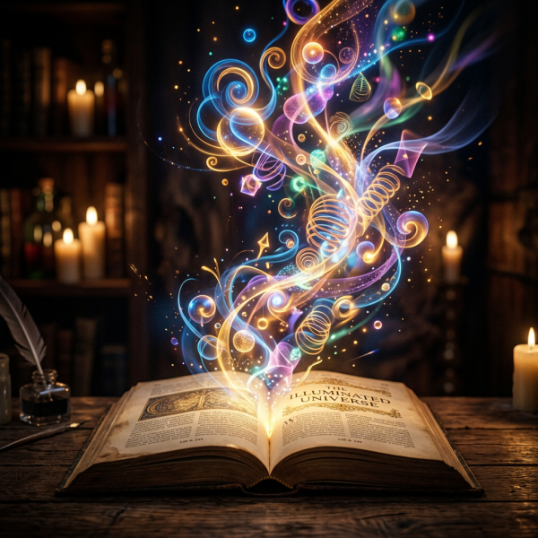 Open ancient book with glowing magical symbols and swirling colorful light