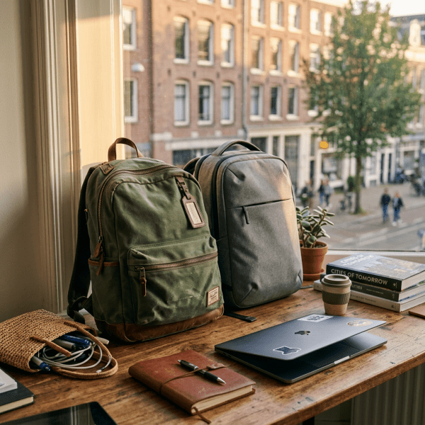 Two backpacks, a closed laptop with stickers, notebooks, pens, and books on a wooden table by a window