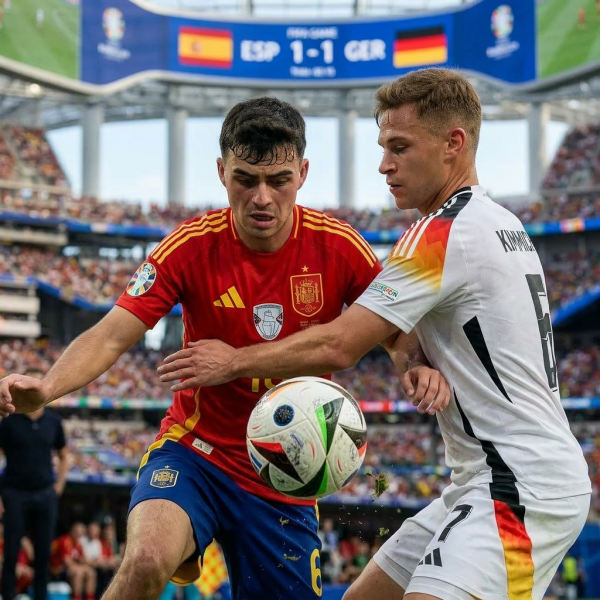 Two soccer players from Spain and Germany contesting for the ball during a match.