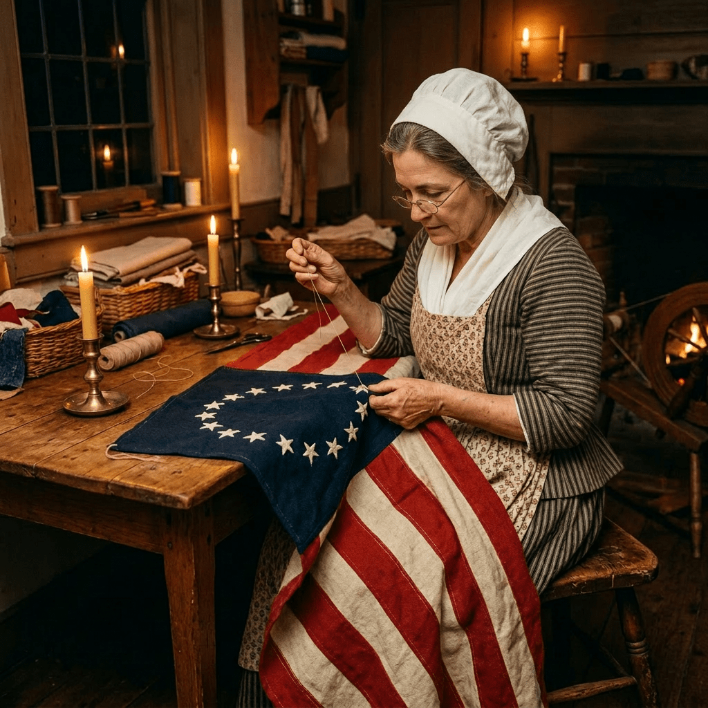 Woman sewing stars on a Betsy Ross style American flag indoors by candlelight