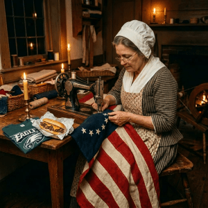 Woman sewing stars on a Betsy Ross style American flag indoors by candlelight