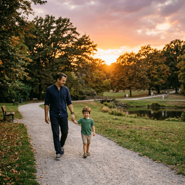 Father and young son walking hand in hand on a park path during sunset