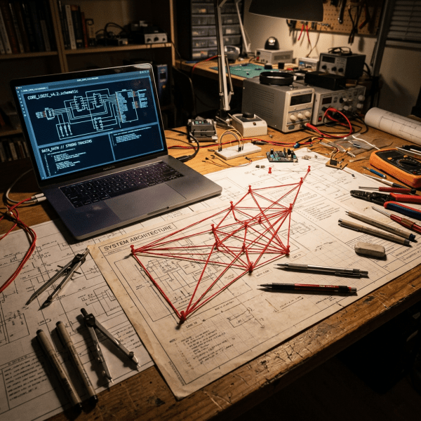 Desk with electronic circuit schematics, red string network model, laptop showing digital logic schematic, and various electronic tools