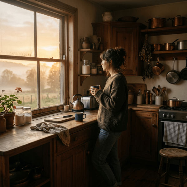 Woman holding a coffee mug, looking out a kitchen window at sunrise