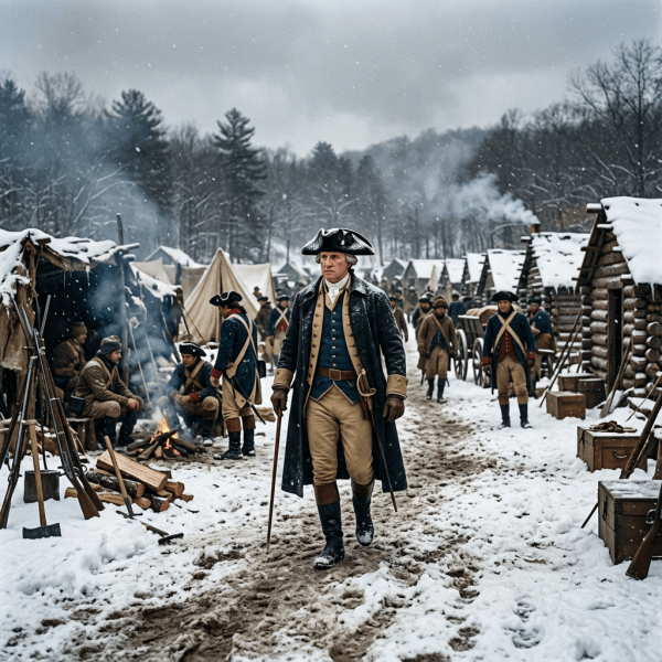Officer in 18th century military uniform walking in snowy Revolutionary War camp with tents and soldiers