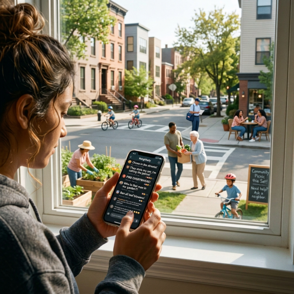 Person holding smartphone with neighborhood chat app showing local messages, view of street with people gardening, biking, and socializing