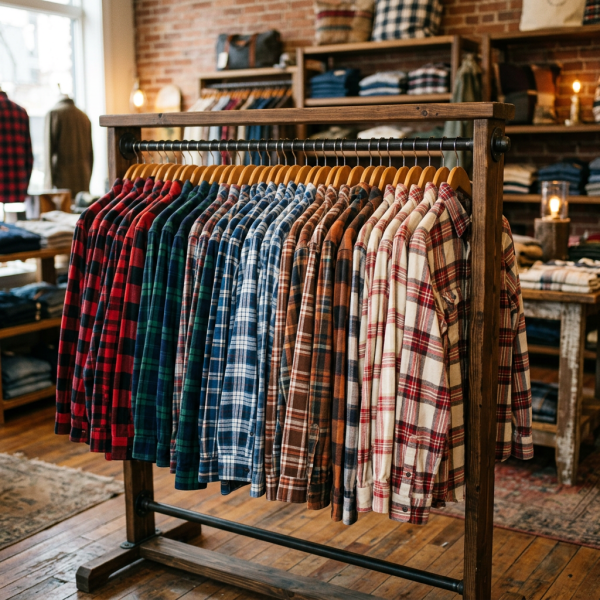 Rack of colorful plaid flannel shirts in a clothing boutique