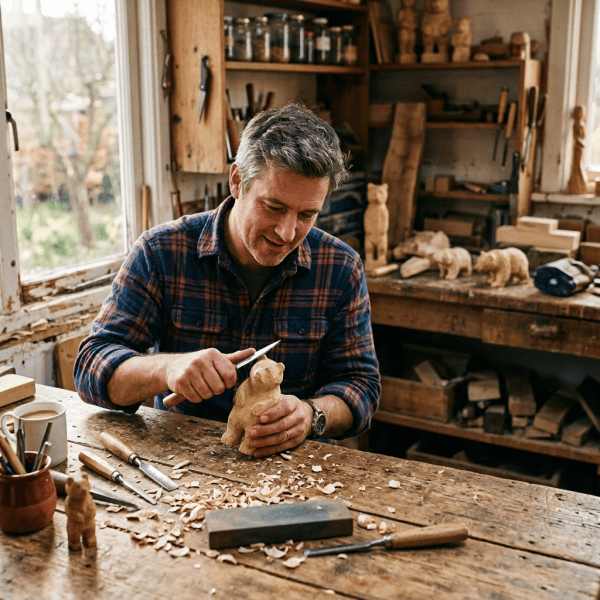 Father carving a wooden bear as daughter holds drawing labeled “MY BEAR BY LILY”