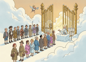 A warm, slightly humorous illustration of the Pearly Gates of Heaven — grand golden gates set against a soft, glowing sky with fluffy white clouds. A long winding line of people stretches out waiting to get in, with a warm golden light emanating from beyond the gates. The tone is lighthearted and whimsical, not overly religious — more like a classic New Yorker cartoon vibe.