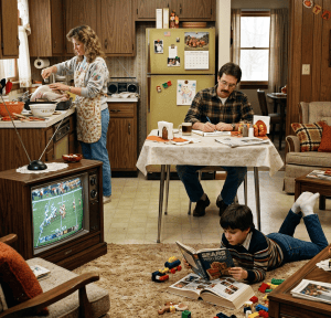 Family members cook, write, and read while football plays on television.